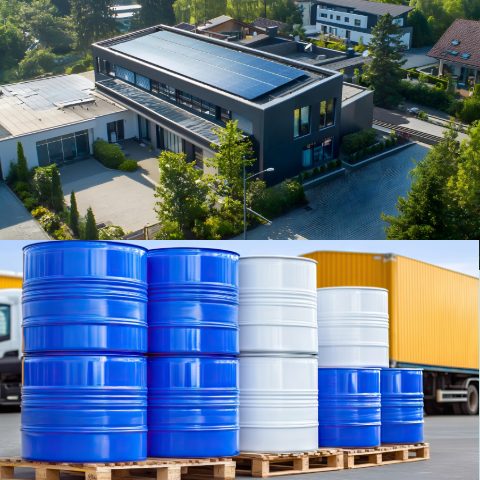 Betriebsgebäude mit Solaranlage und Fasslager – Anlieferung und Abholung von Sondermetallen